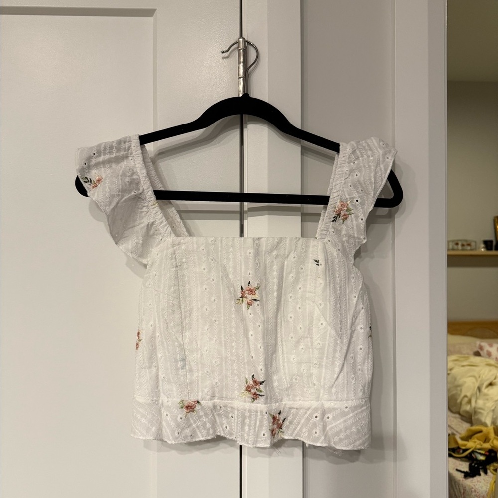 White Floral Embroidered Women's Top